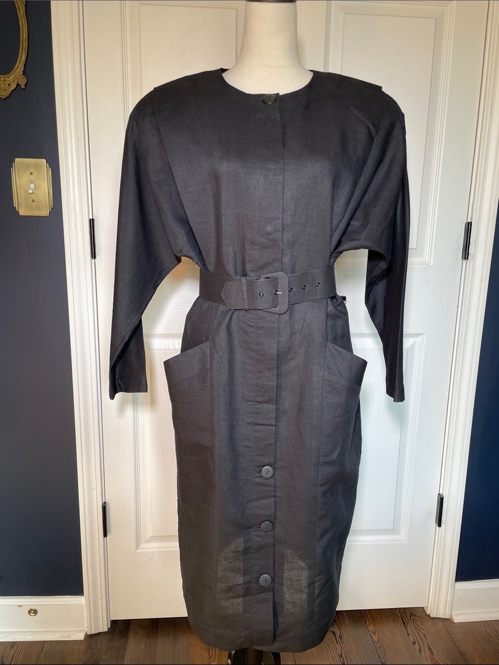 VTG 80s Cervelle Black Belted Midi Dress Strong Shoulders Long Sleeve Size 8